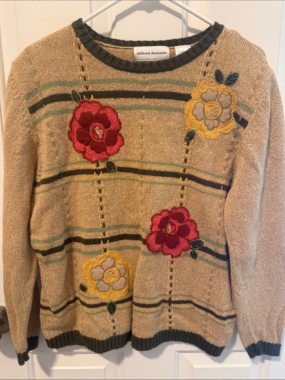 Alfred Dunner Beige Crewneck Sweater with Red & Yellow Floral Appliqué